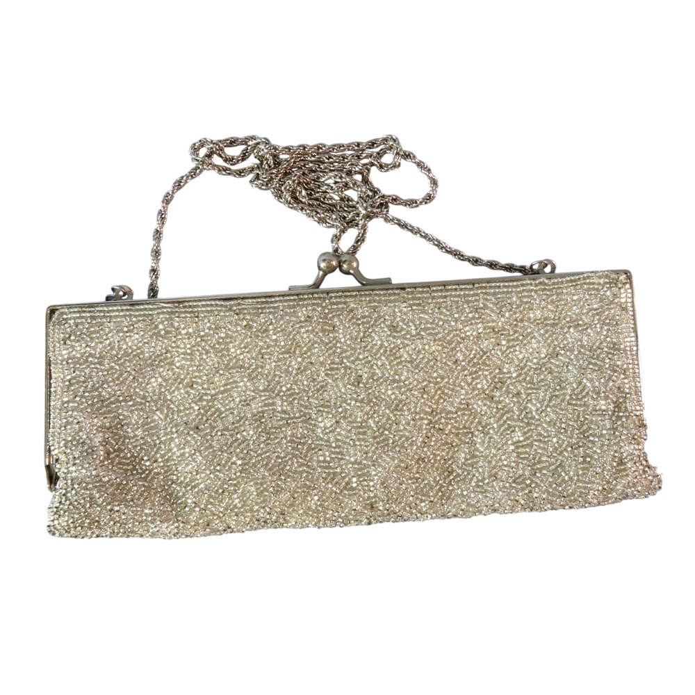 Vintage LA REGALE BEADED PURSE BAG Clutch or Chain Strap SILVER GLASS BEADS
